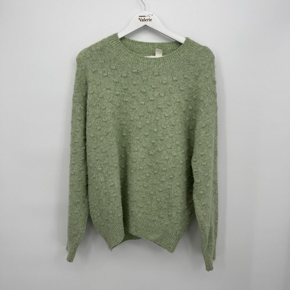 H&M Light Green Fuzzy Crewneck Sweater Acrylic Wool Blend Size Small